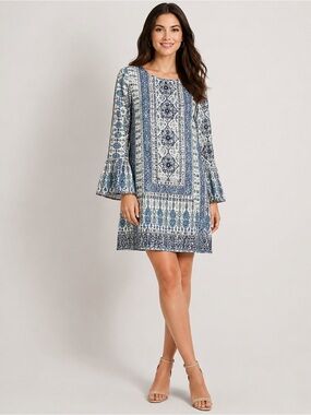 Cremieux Womens Large Blue Ivory Geometric Bell Sleeve Shift Dress Lined